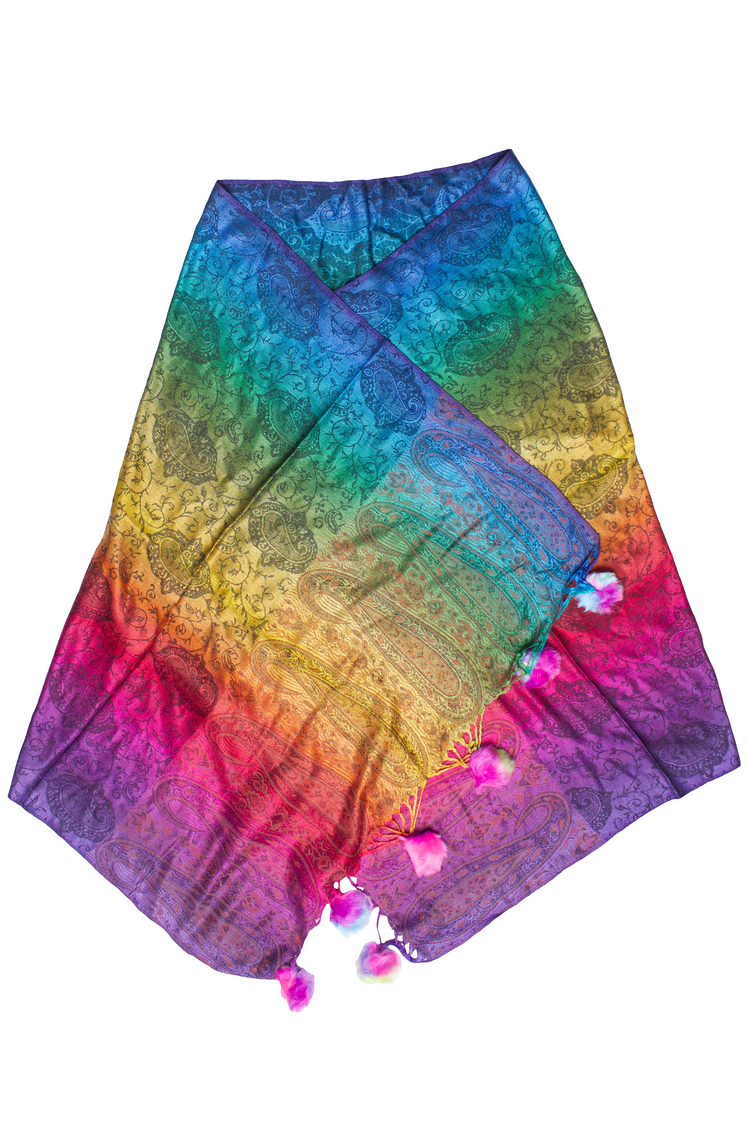 Rainbow Paisley Pom Pom Scarf Shawl