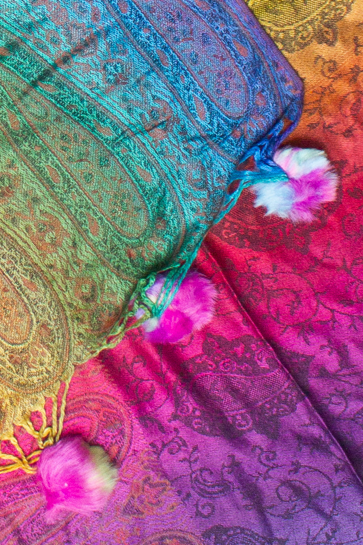 Rainbow Paisley Pom Pom Scarf Shawl