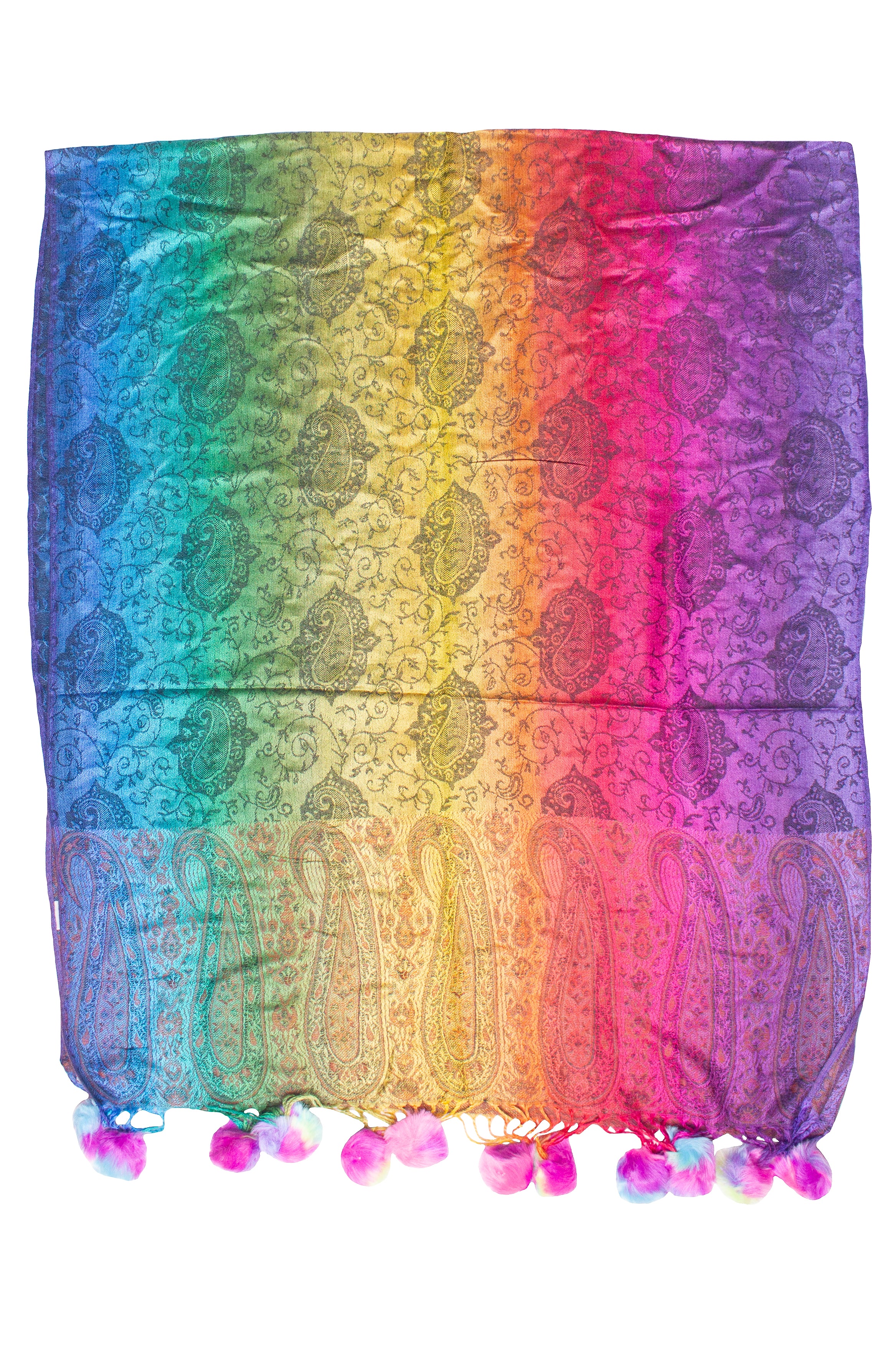 Rainbow Paisley Pom Pom Scarf Shawl