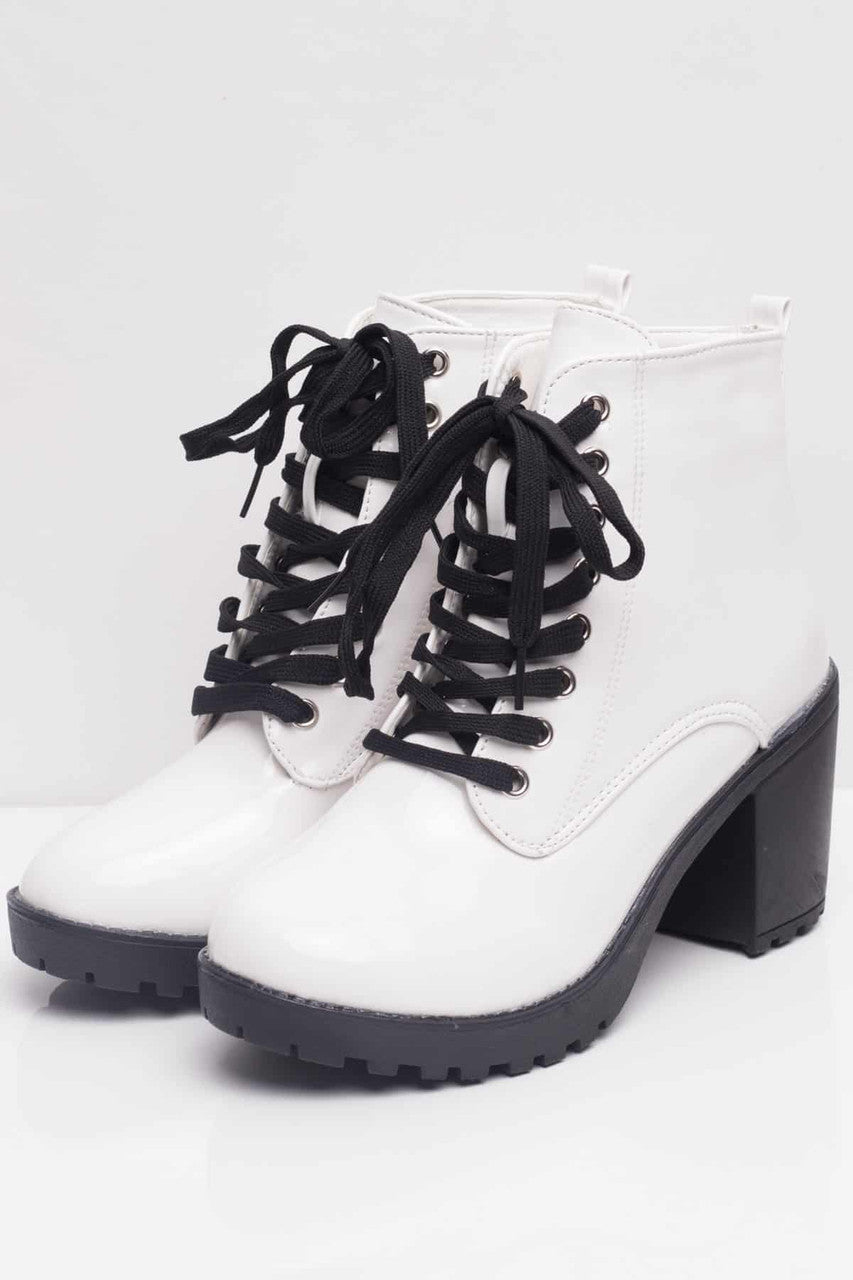 White Patent Laceup Boots