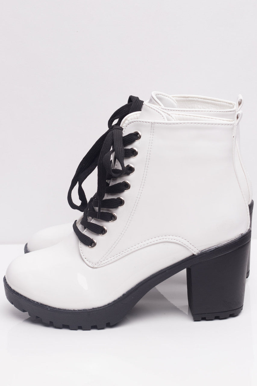 White Patent Laceup Boots