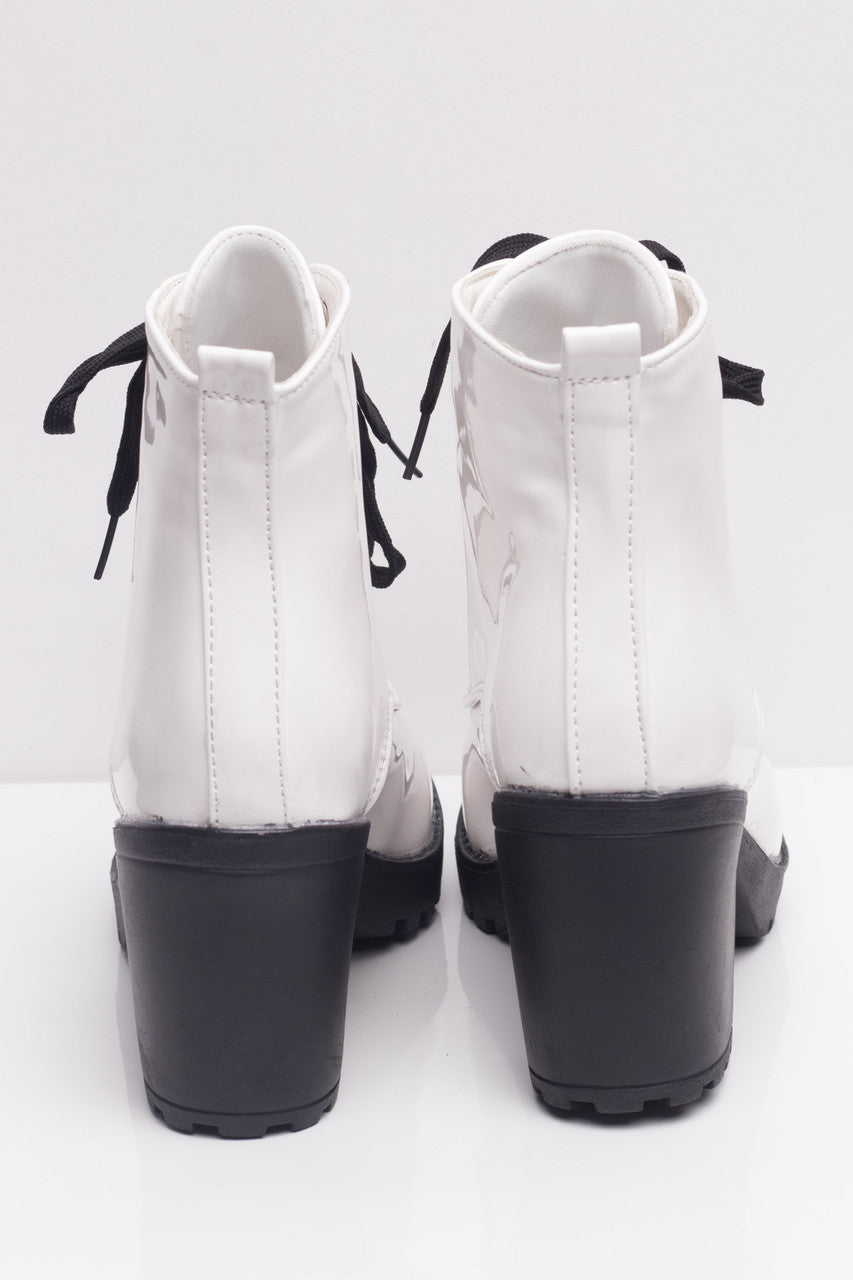 White Patent Laceup Boots