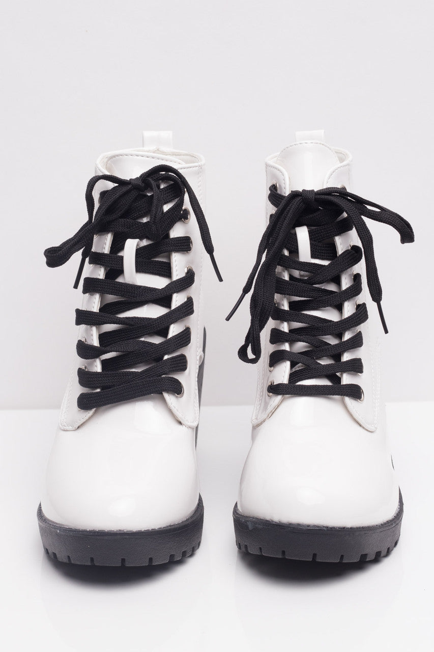 White Patent Laceup Boots