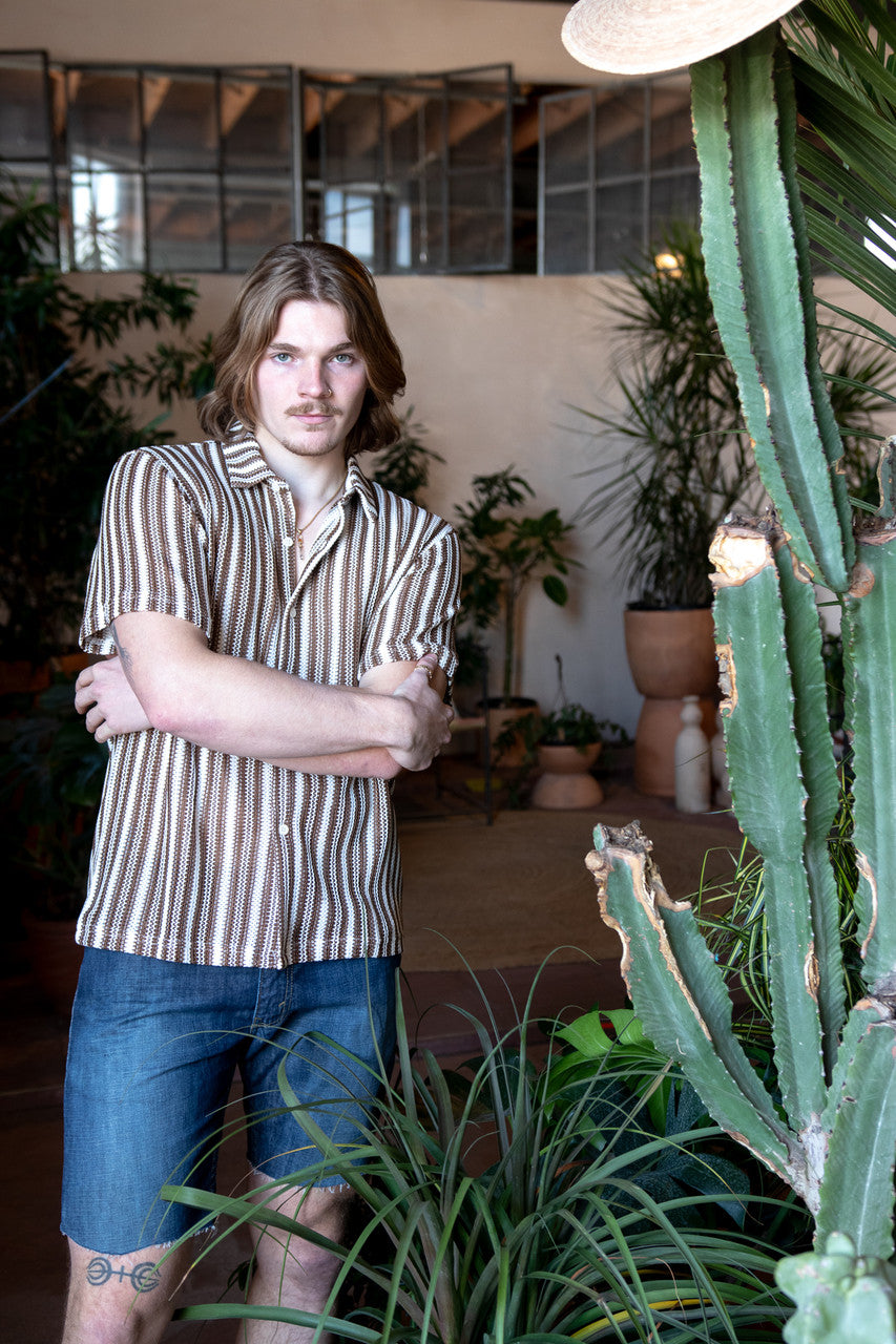 Brown Cabana Knit Button Up Shirt