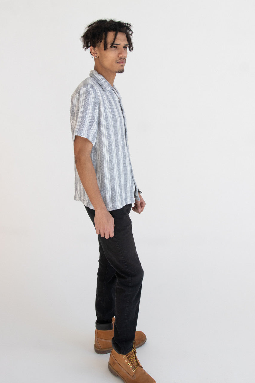 Misty Gray Striped Textured Button Up Shirt