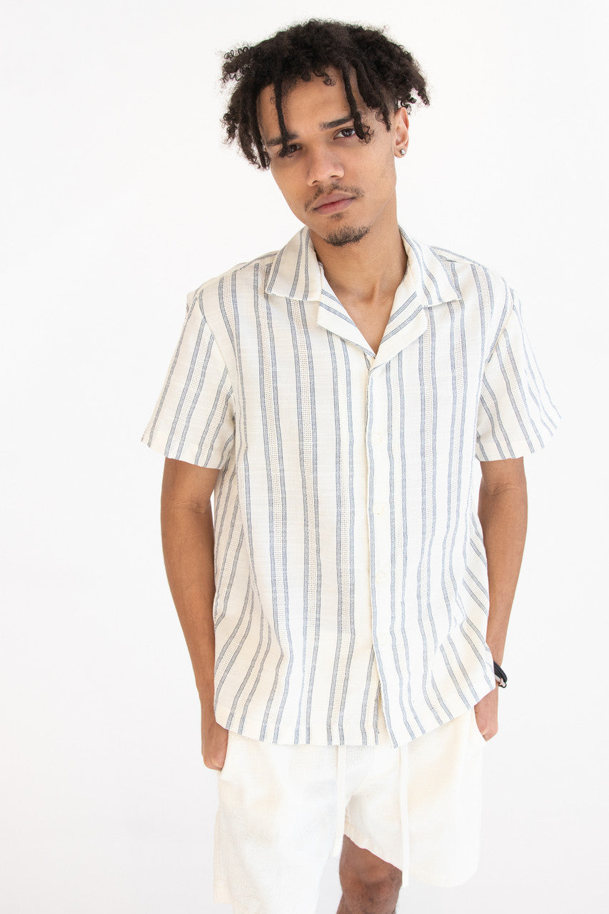 Navy Striped Textured Button Up Shirt