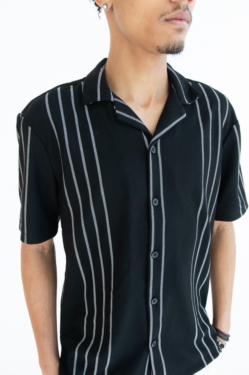 Ribbed White Stripe Black Button Up Shirt