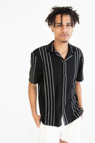 Ribbed White Stripe Black Button Up Shirt