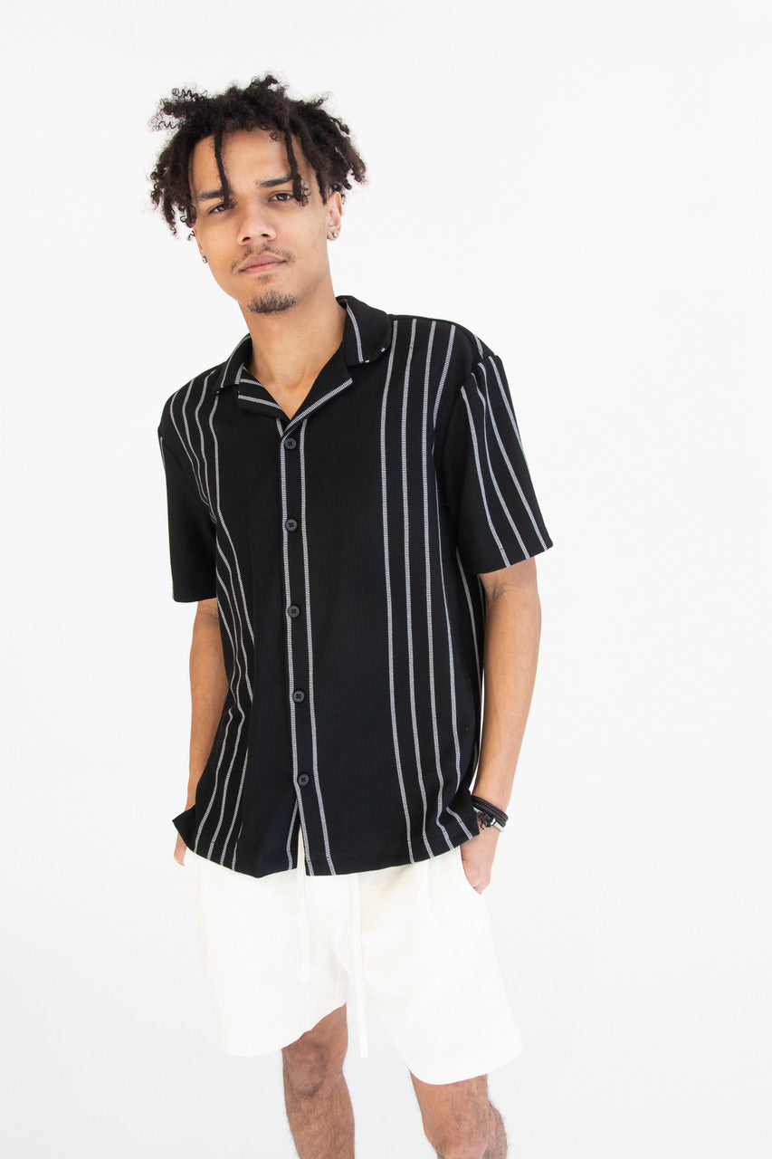 Ribbed White Stripe Black Button Up Shirt