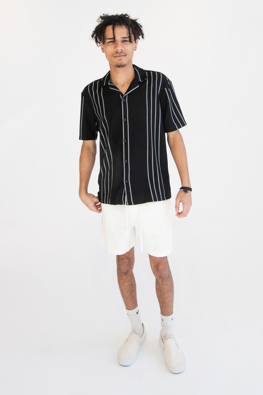 Ribbed White Stripe Black Button Up Shirt