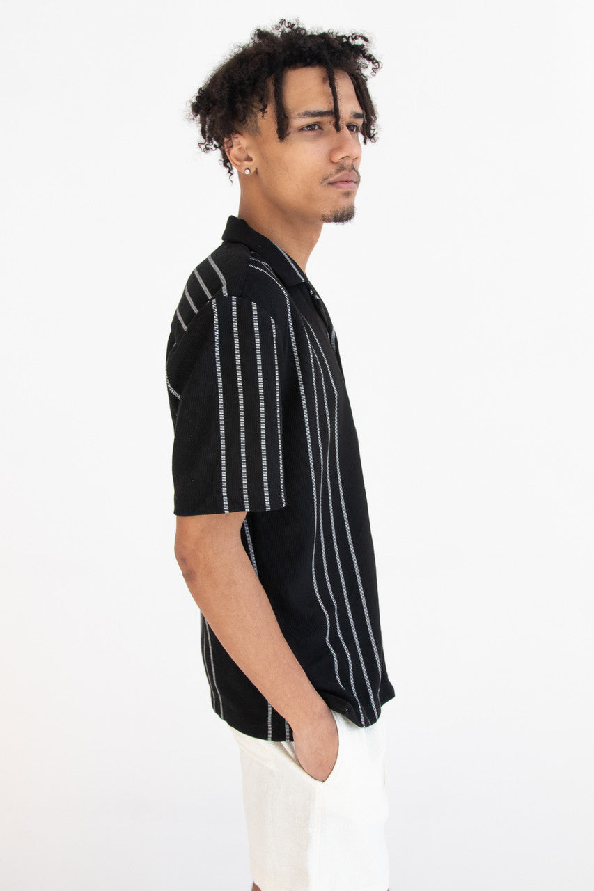 Ribbed White Stripe Black Button Up Shirt