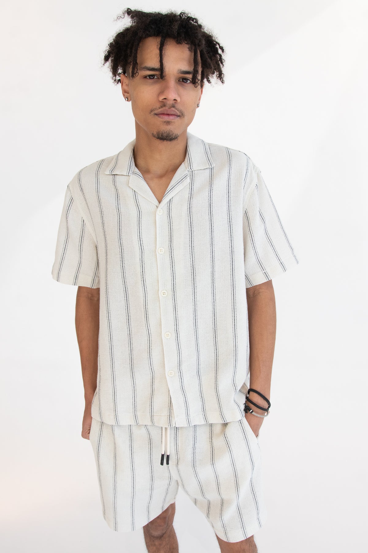 Black Striped Textured Woven Button Up Shirt