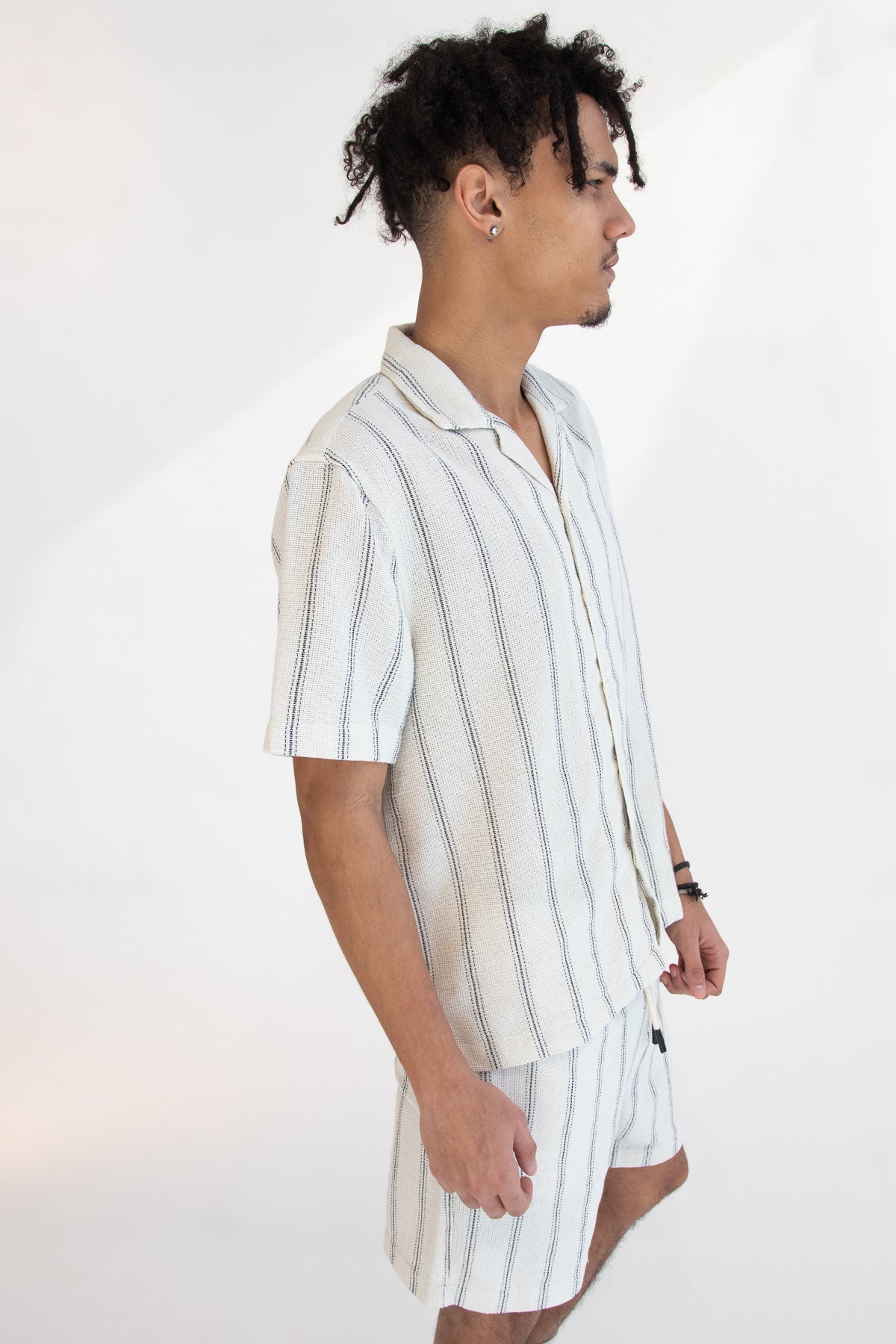 Black Striped Textured Woven Button Up Shirt