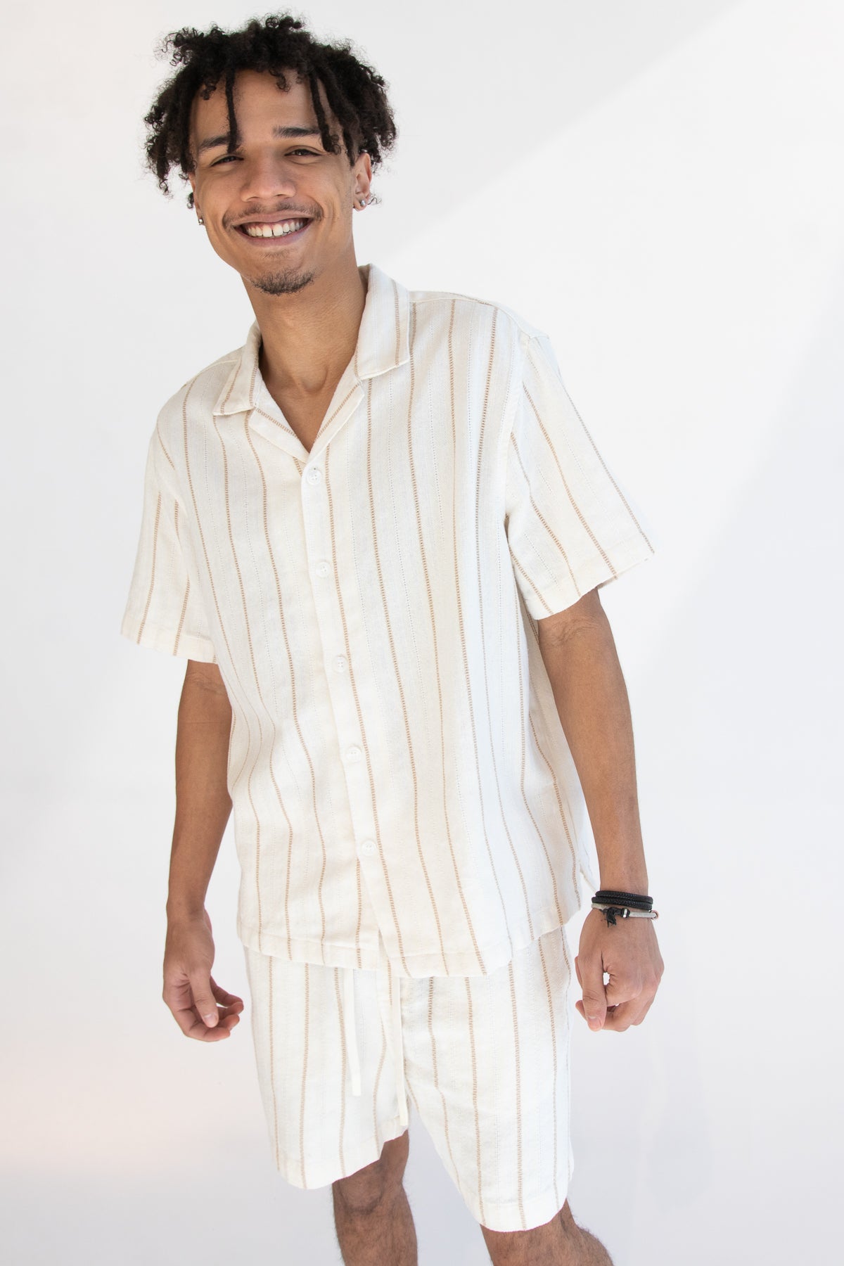 Khaki & White Striped Textured Button Up Shirt