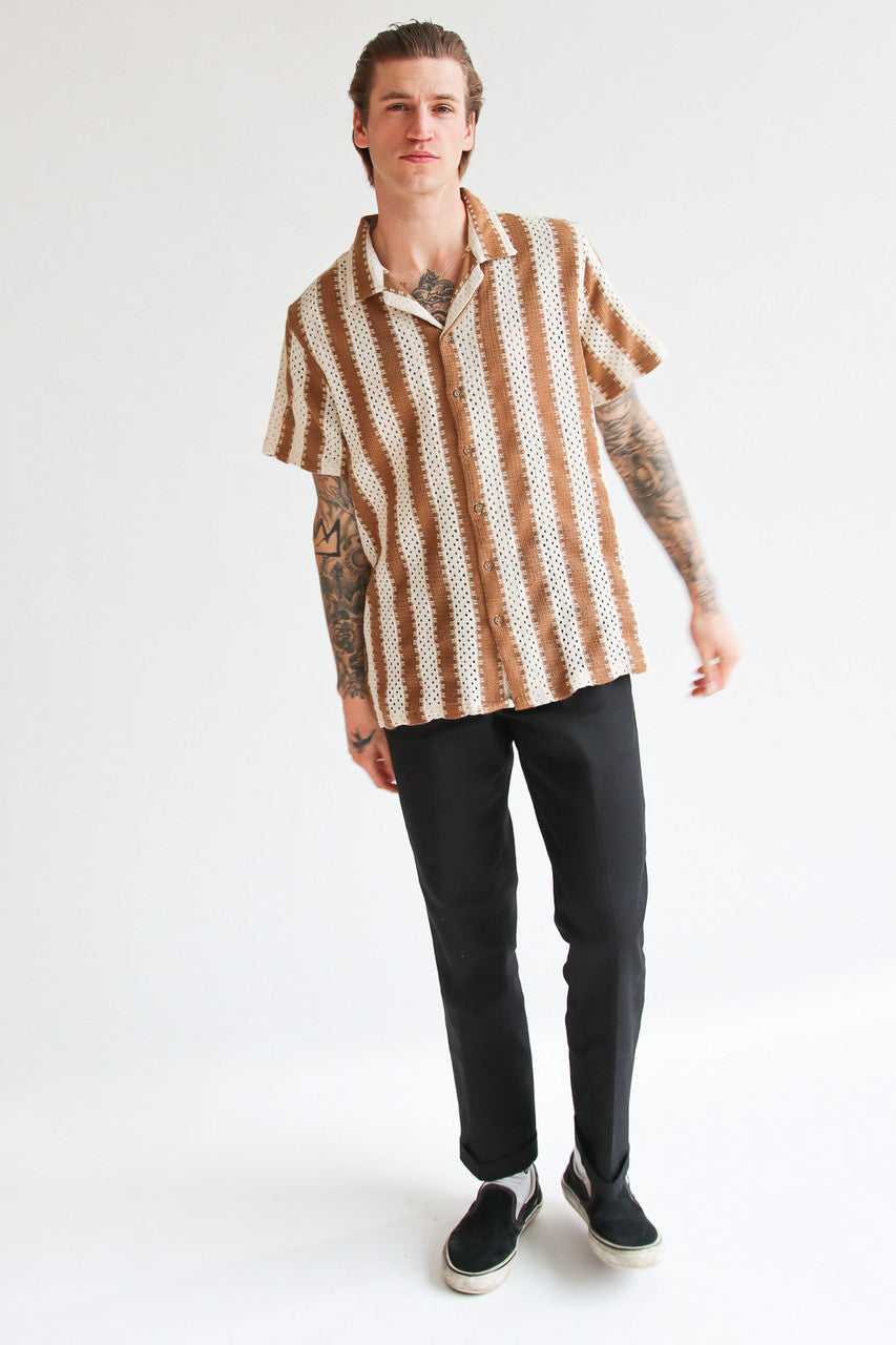 Natural Striped Textured Knit Button Up Shirt