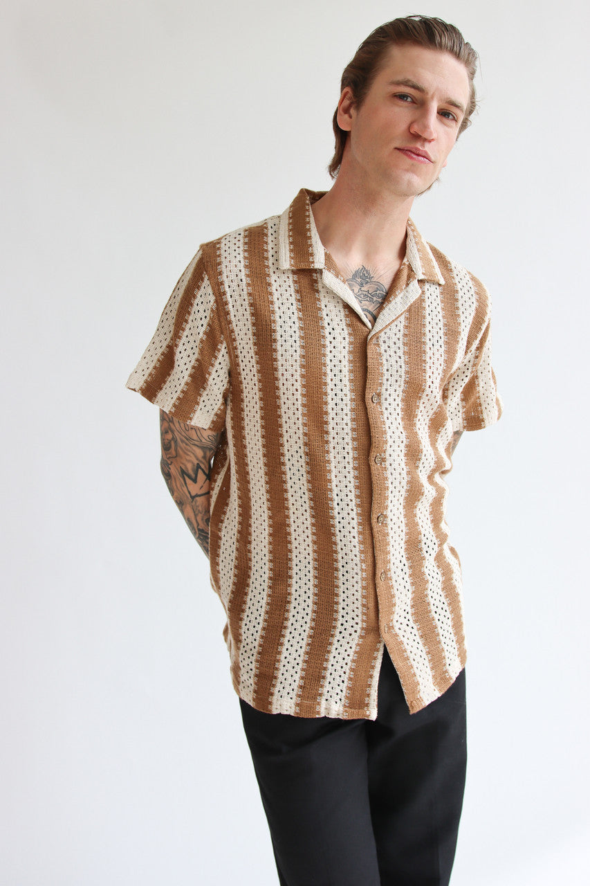 Natural Striped Textured Knit Button Up Shirt