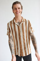 Natural Striped Textured Knit Button Up Shirt