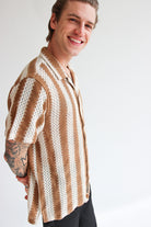 Natural Striped Textured Knit Button Up Shirt