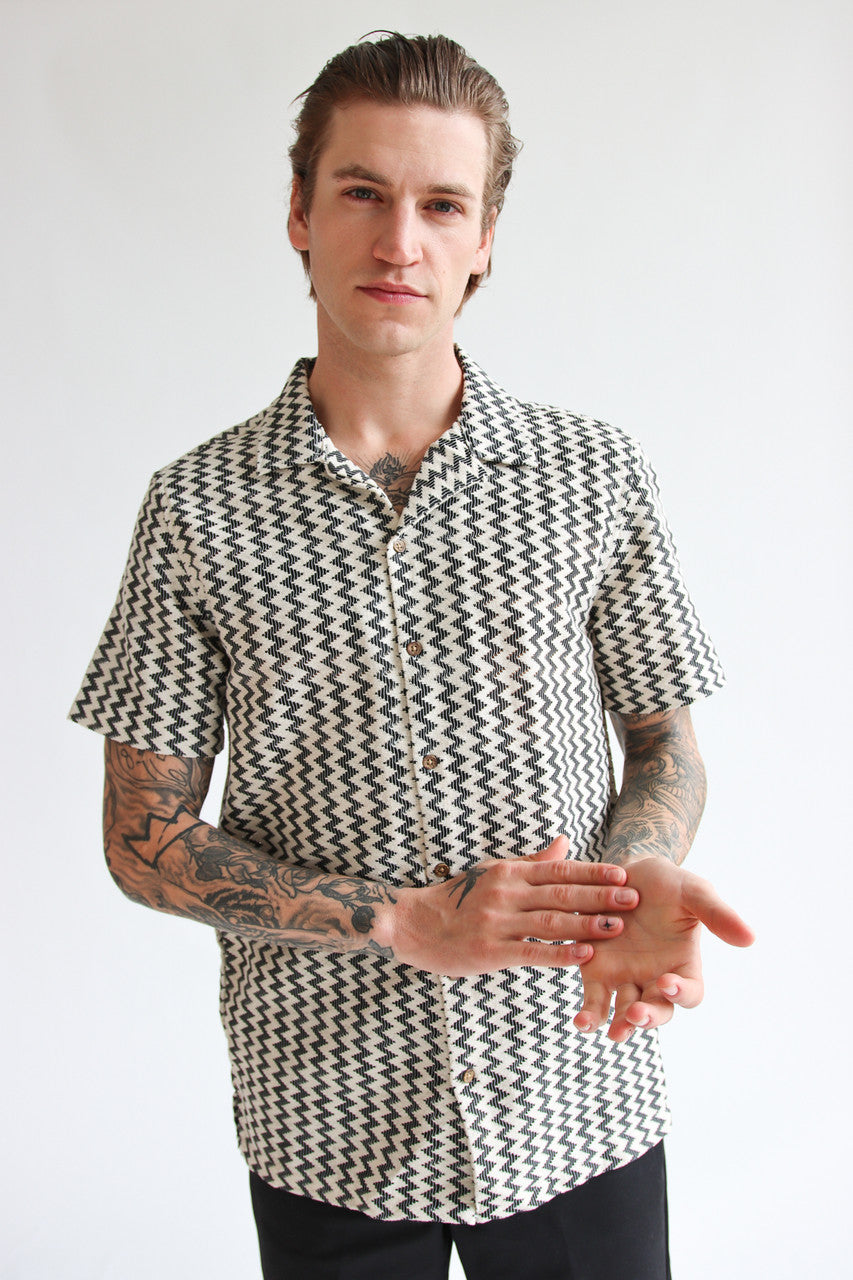 Natural Zigzag Textured Knit Button Up Shirt