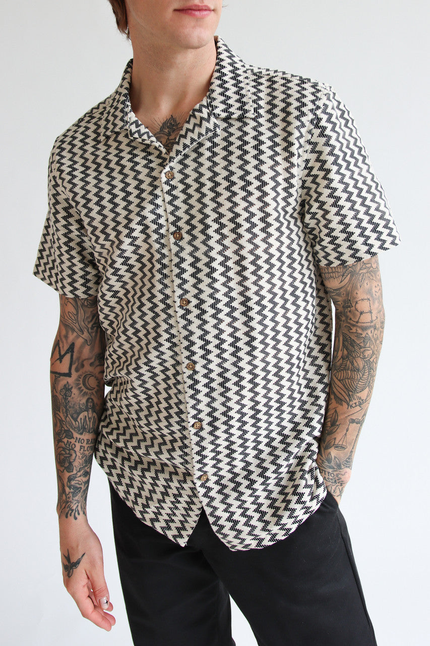 Natural Zigzag Textured Knit Button Up Shirt