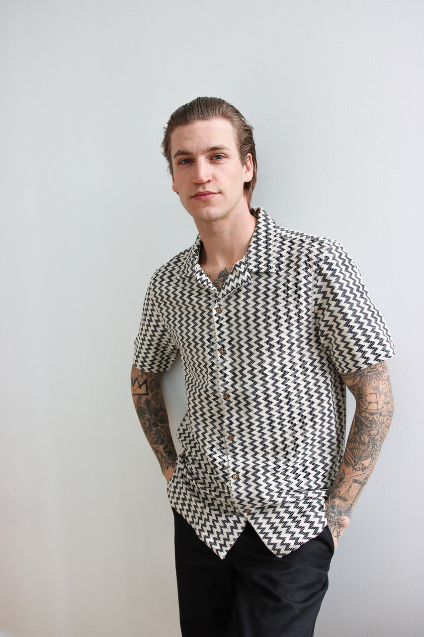 Natural Zigzag Textured Knit Button Up Shirt