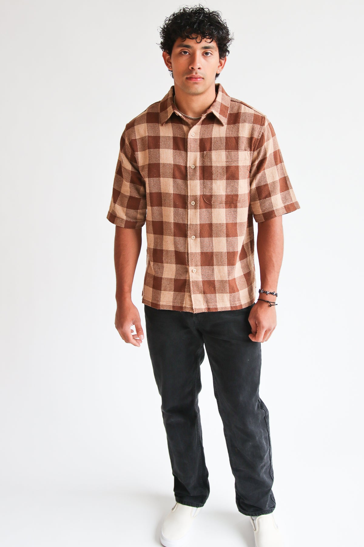 Brown Check Woven Knit Button Up Shirt