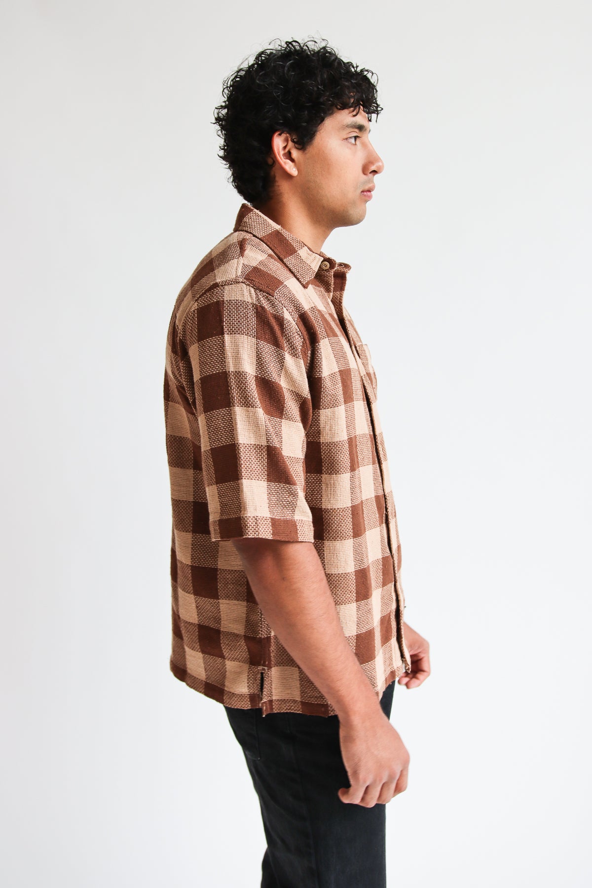 Brown Check Woven Knit Button Up Shirt