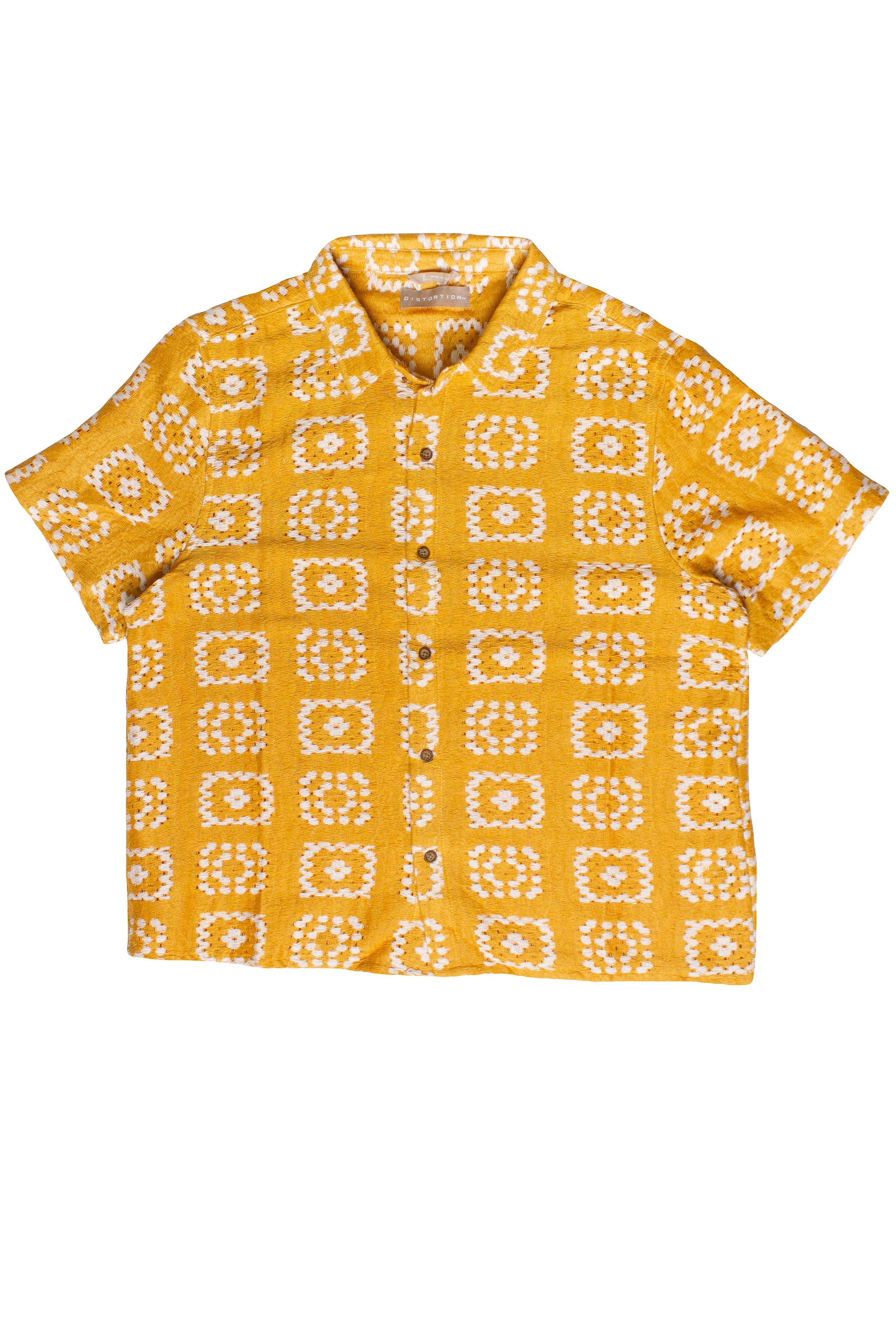 Woven Granny Square Print Button Up Shirt - Yellow