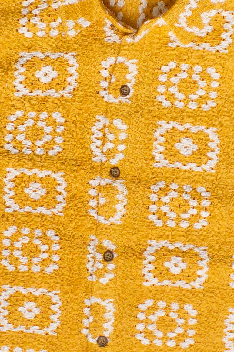 Woven Granny Square Print Button Up Shirt - Yellow