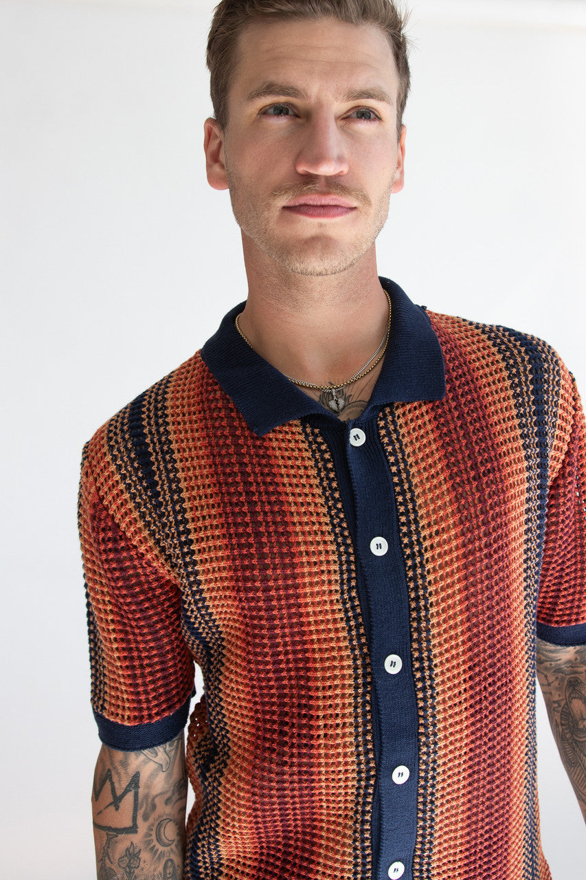 Navy Sunset Crochet Button Up Shirt