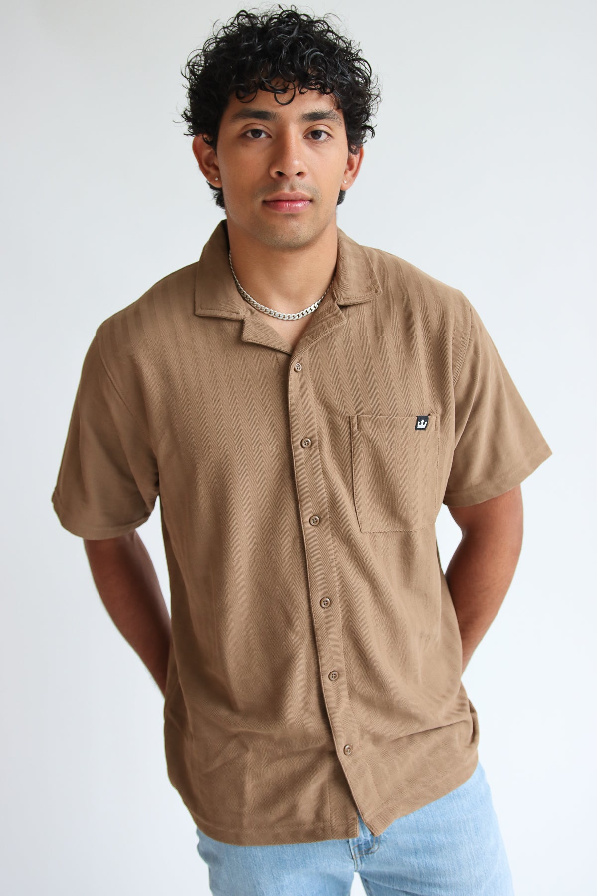 Micro Herringbone Knit Button Up Shirt camel