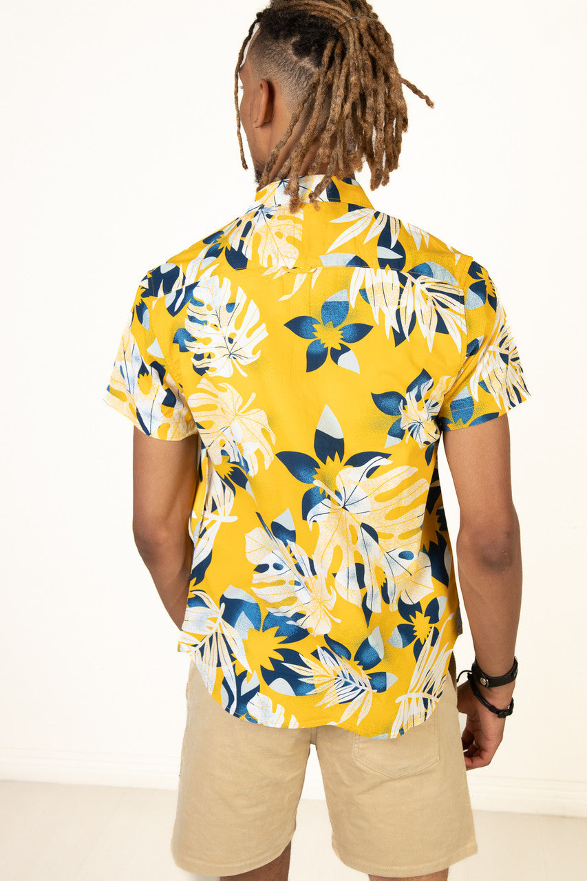 Yellow Tropical Leaves Button Up Shirt