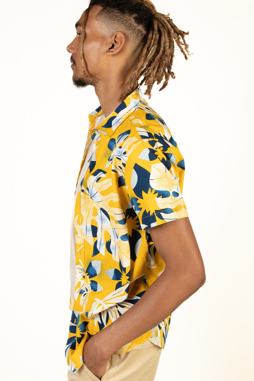 Yellow Tropical Leaves Button Up Shirt