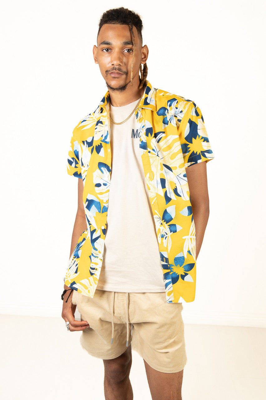 Yellow Tropical Leaves Button Up Shirt