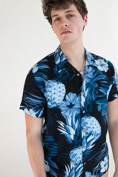 NOANOA HAWAII ネイビーマイレ柄　ショートラジャ Navy Pineapple Hibiscus Hawaiian Shirt – Ragstock