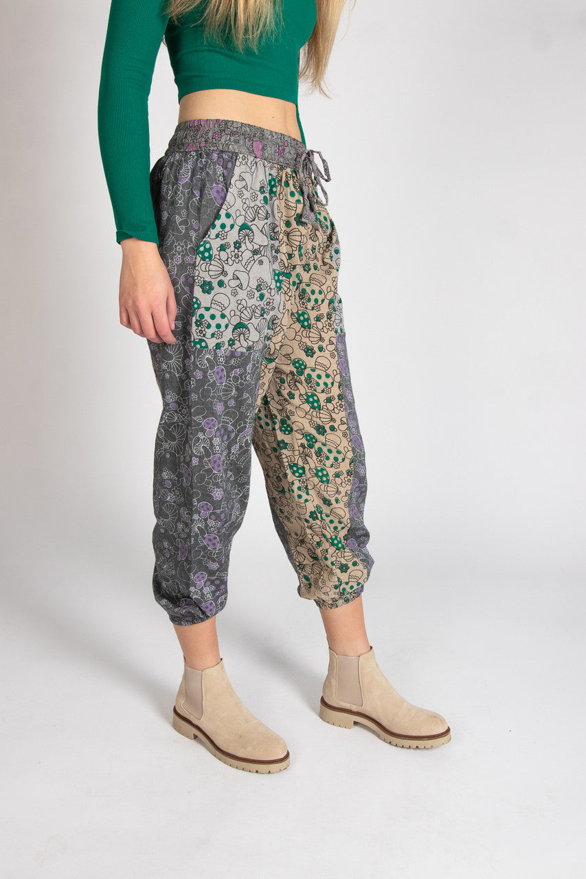 Gray Mushroom Floral Patchwork Joggers