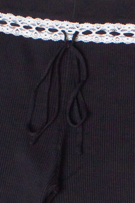 Lace Trim Ribbed Wide Leg Pants