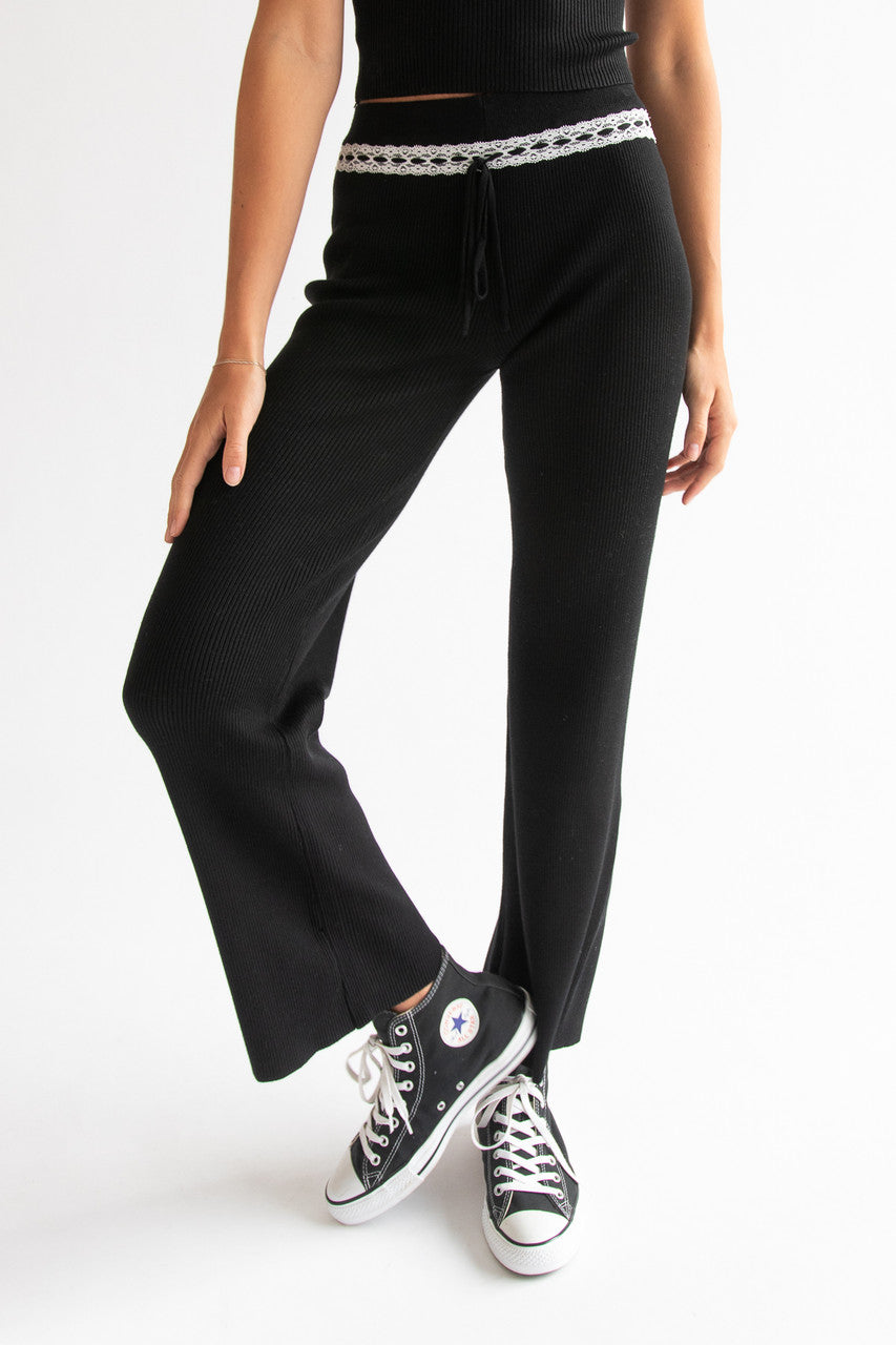 Lace Trim Ribbed Wide Leg Pants
