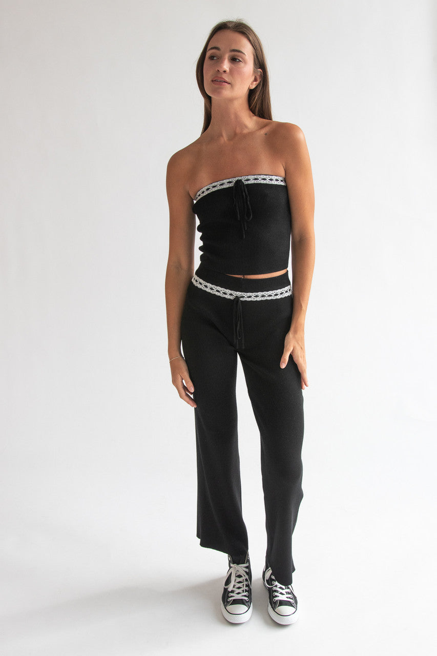 Lace Trim Ribbed Wide Leg Pants
