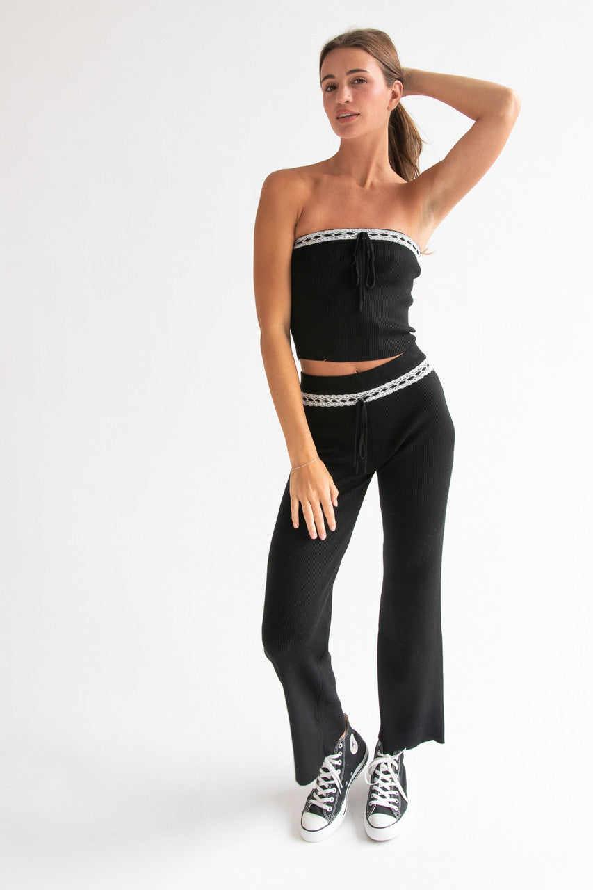 Lace Trim Ribbed Wide Leg Pants