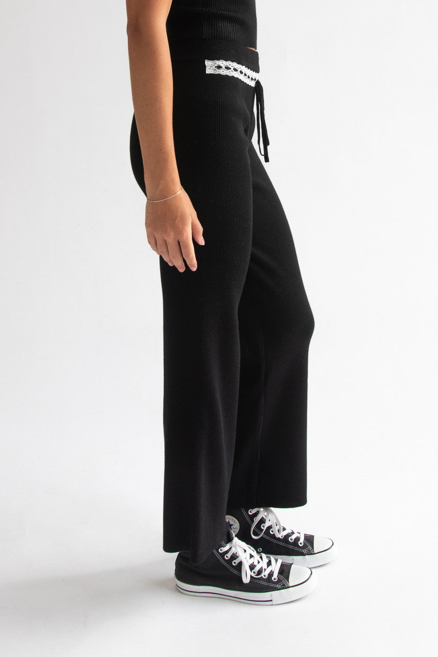 Lace Trim Ribbed Wide Leg Pants