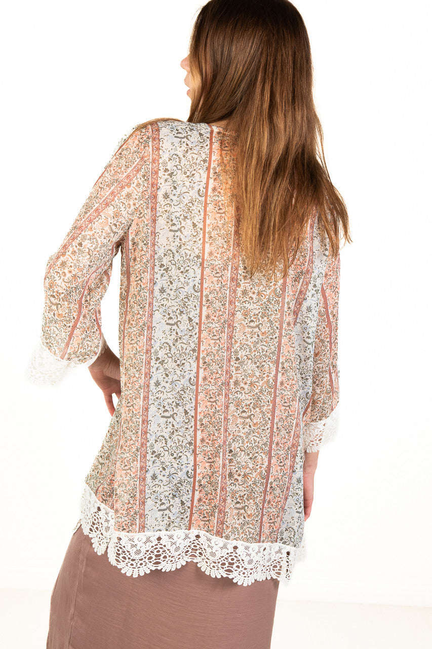 Peach Floral Crochet Trim Kimono Cardigan