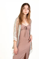 Peach Floral Crochet Trim Kimono Cardigan
