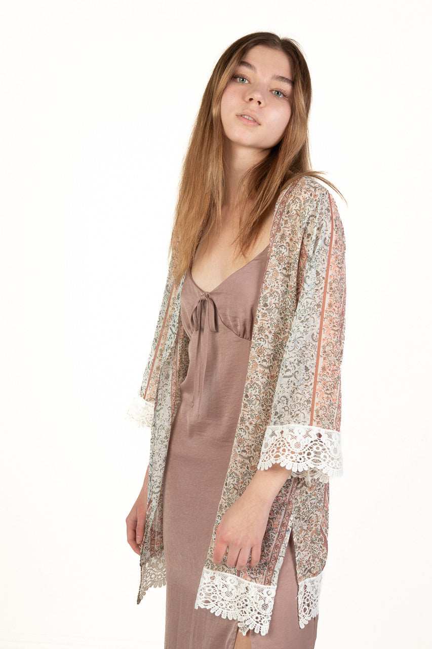 Peach Floral Crochet Trim Kimono Cardigan
