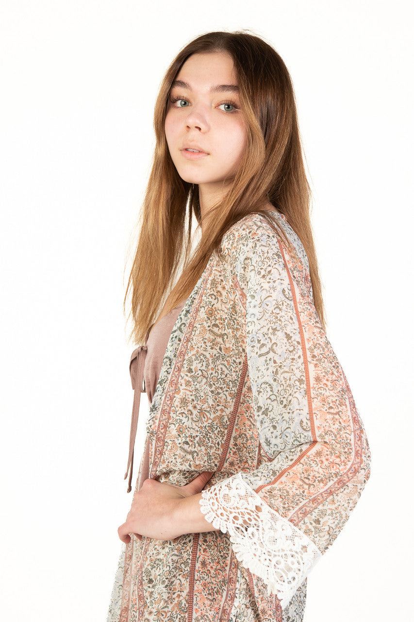 Peach Floral Crochet Trim Kimono Cardigan