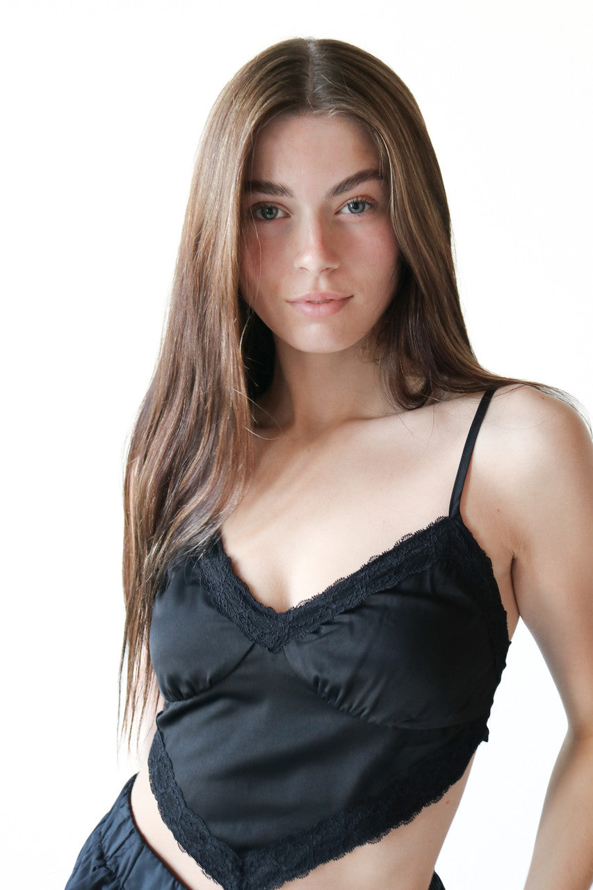 Black Silky Lace Tie Back Crop Top