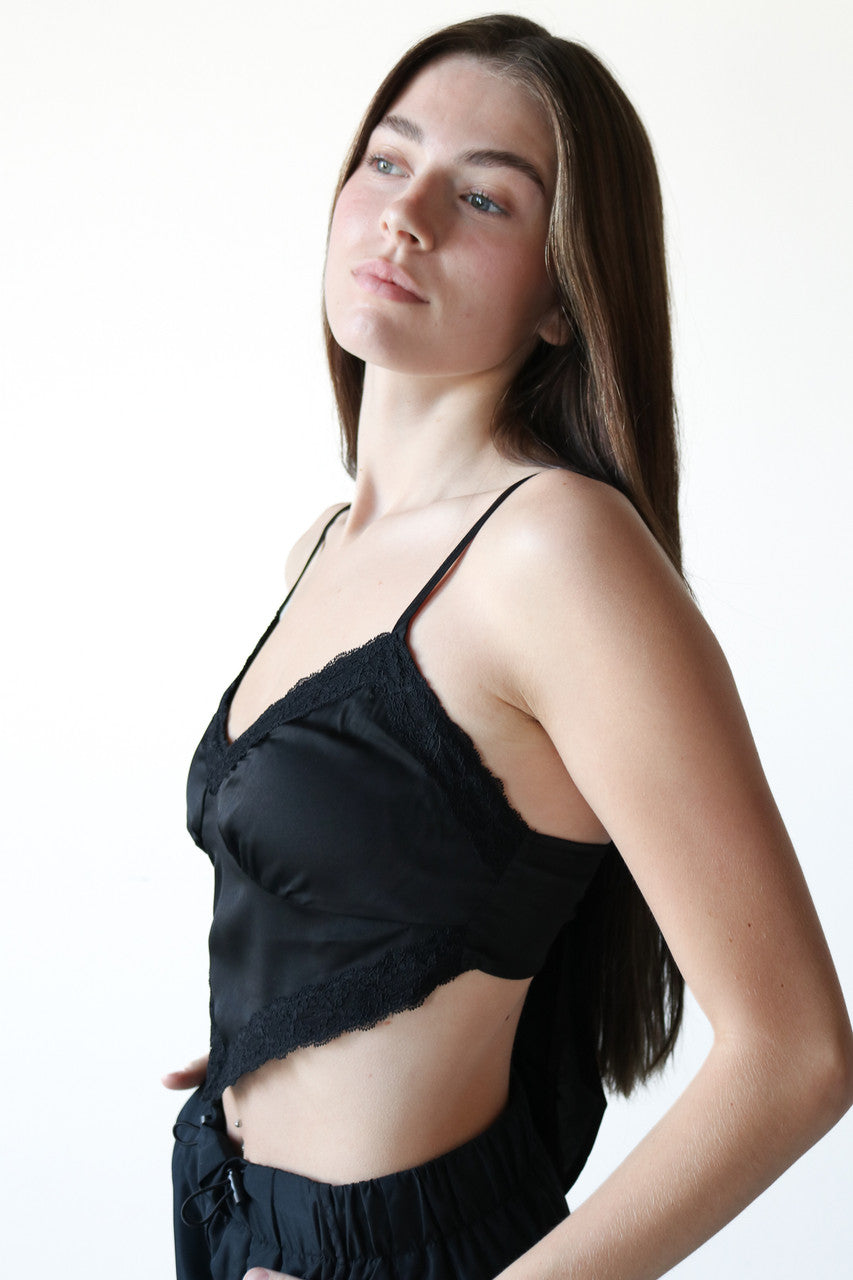 Black Silky Lace Tie Back Crop Top