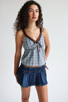 Plaid Cami With Lace Trim Blue