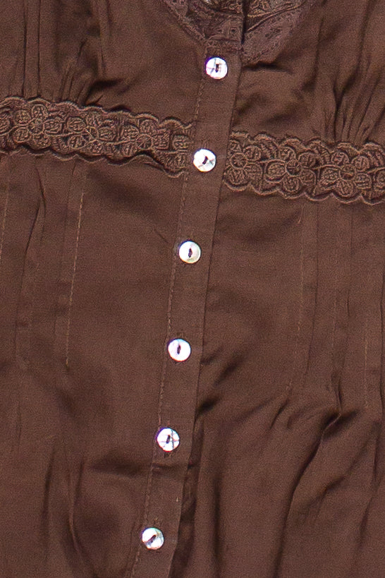 Pin Tuck Lace Trim Sleeveless Top - Brown