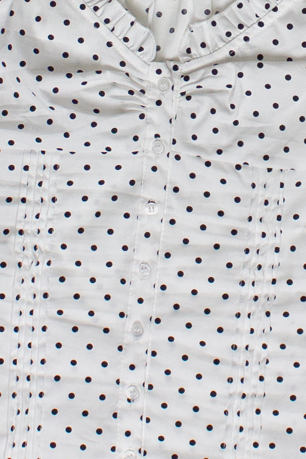 Polka Dot Ruffle Pin Tuck Top - White